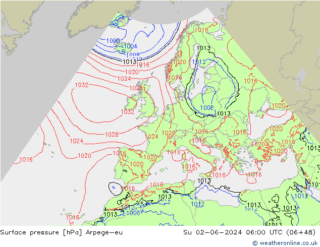 Pressione al suolo Arpege-eu dom 02.06.2024 06 UTC