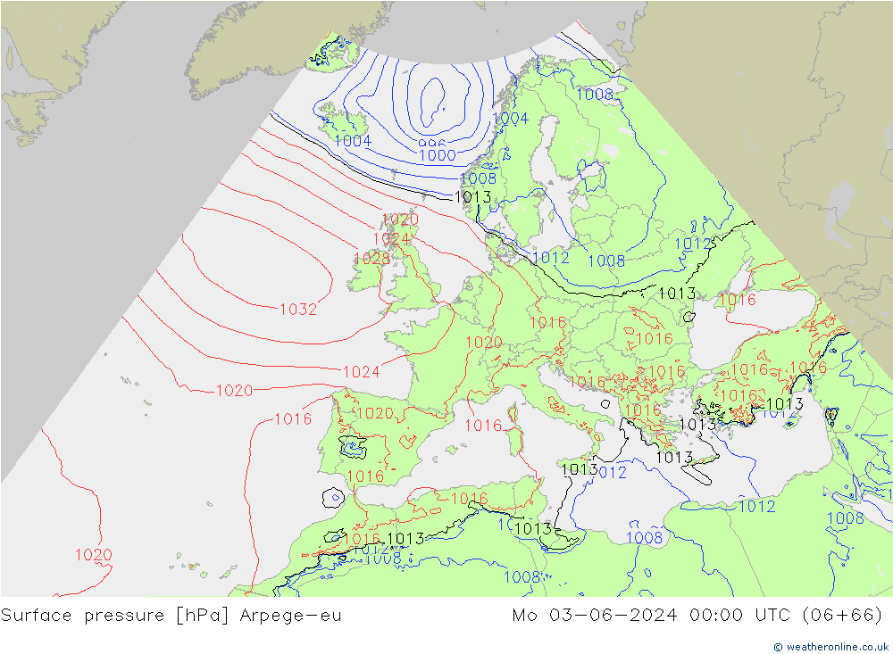 Surface pressure Arpege-eu Mo 03.06.2024 00 UTC