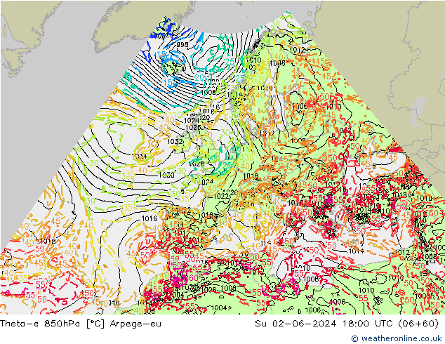 Theta-e 850hPa Arpege-eu Su 02.06.2024 18 UTC