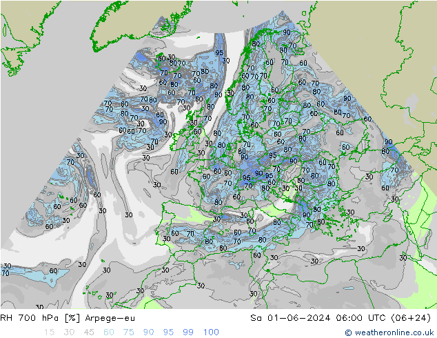 RH 700 hPa Arpege-eu So 01.06.2024 06 UTC