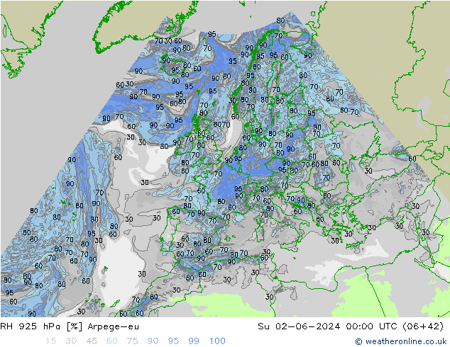 RH 925 hPa Arpege-eu Su 02.06.2024 00 UTC