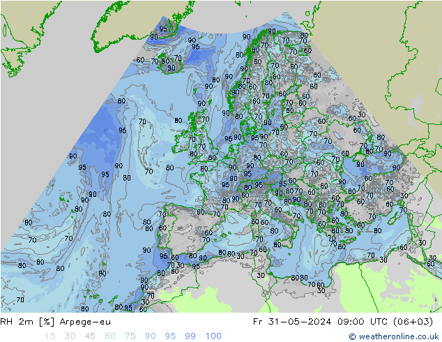 Humedad rel. 2m Arpege-eu vie 31.05.2024 09 UTC