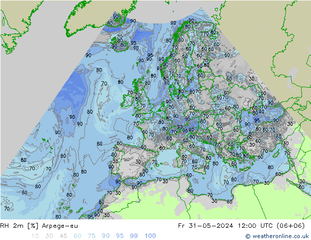 Humidité rel. 2m Arpege-eu ven 31.05.2024 12 UTC