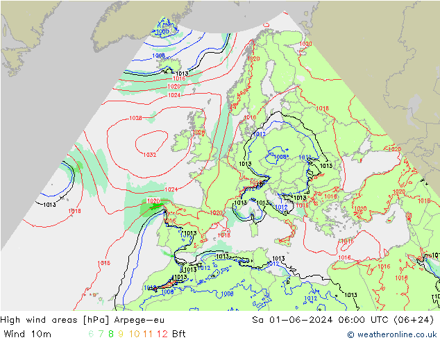 High wind areas Arpege-eu sáb 01.06.2024 06 UTC