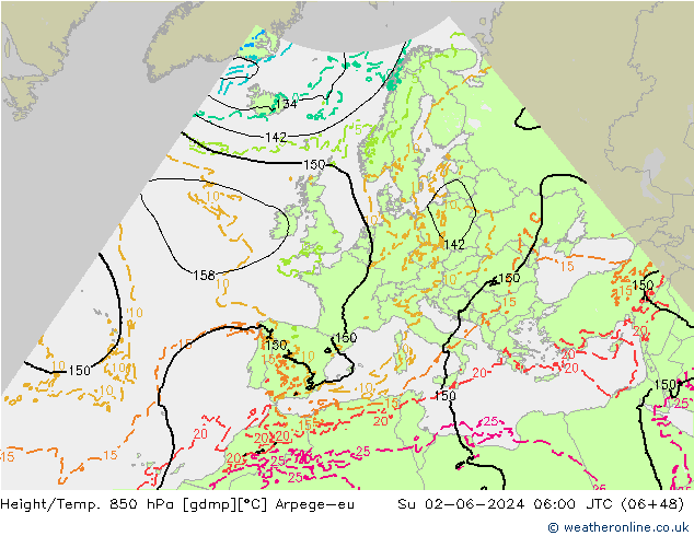 Height/Temp. 850 hPa Arpege-eu Su 02.06.2024 06 UTC