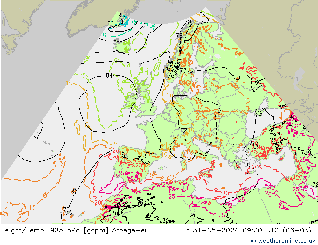 Hoogte/Temp. 925 hPa Arpege-eu vr 31.05.2024 09 UTC