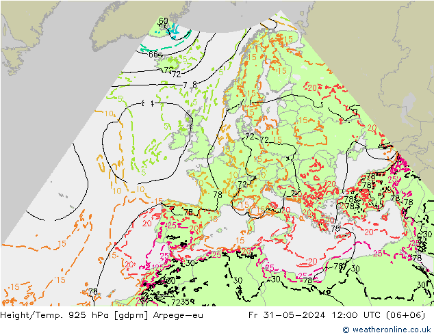 Géop./Temp. 925 hPa Arpege-eu ven 31.05.2024 12 UTC