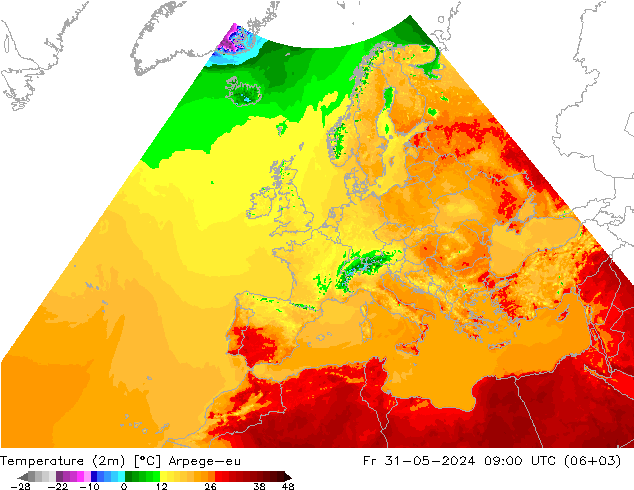 Temperatuurkaart (2m) Arpege-eu vr 31.05.2024 09 UTC