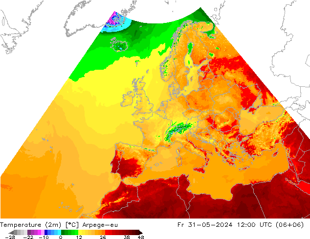 Temperatura (2m) Arpege-eu Sex 31.05.2024 12 UTC