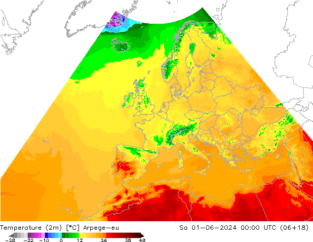 Temperatuurkaart (2m) Arpege-eu za 01.06.2024 00 UTC