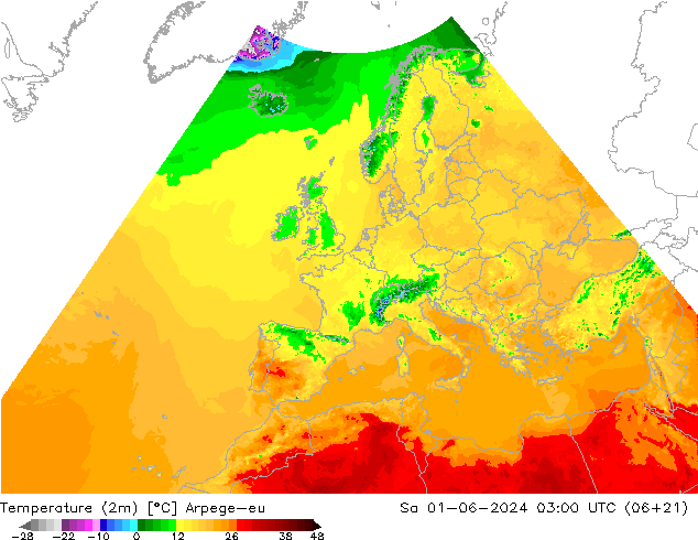 Temperatuurkaart (2m) Arpege-eu za 01.06.2024 03 UTC