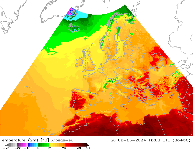 Sıcaklık Haritası (2m) Arpege-eu Paz 02.06.2024 18 UTC