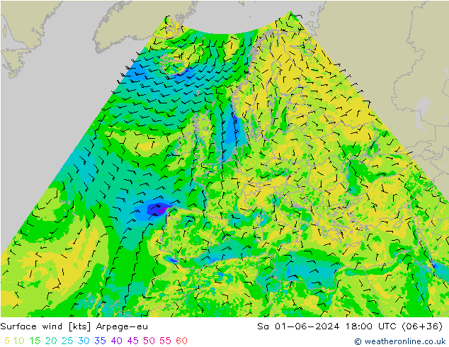 Vent 10 m Arpege-eu sam 01.06.2024 18 UTC