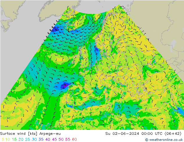 Surface wind Arpege-eu Su 02.06.2024 00 UTC