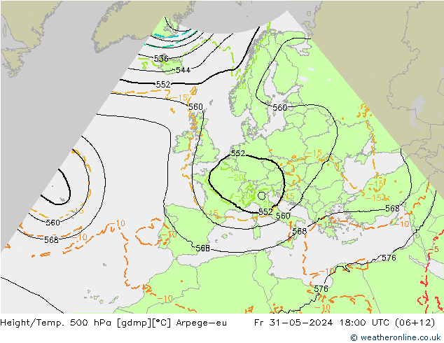 Height/Temp. 500 гПа Arpege-eu пт 31.05.2024 18 UTC