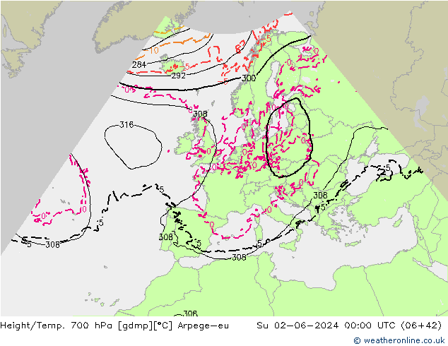 Height/Temp. 700 hPa Arpege-eu  02.06.2024 00 UTC