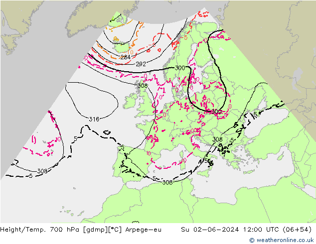 Height/Temp. 700 гПа Arpege-eu Вс 02.06.2024 12 UTC