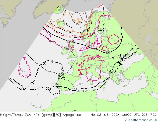 Height/Temp. 700 hPa Arpege-eu Mo 03.06.2024 06 UTC