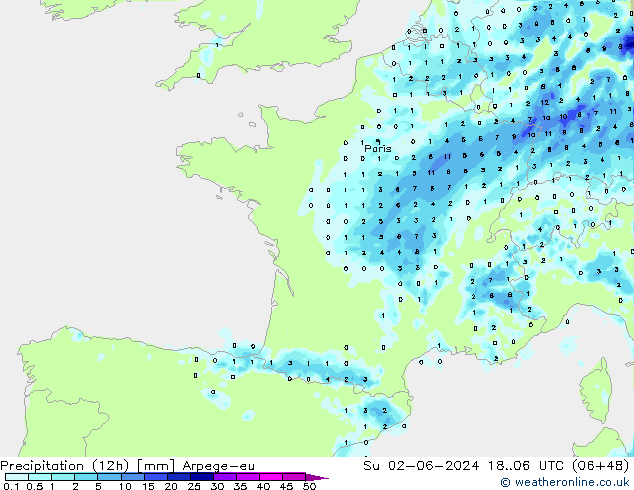 Totale neerslag (12h) Arpege-eu zo 02.06.2024 06 UTC