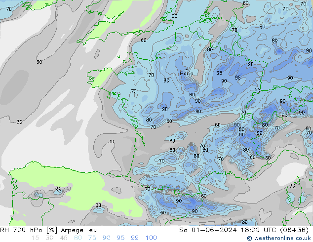 RH 700 hPa Arpege-eu Sa 01.06.2024 18 UTC