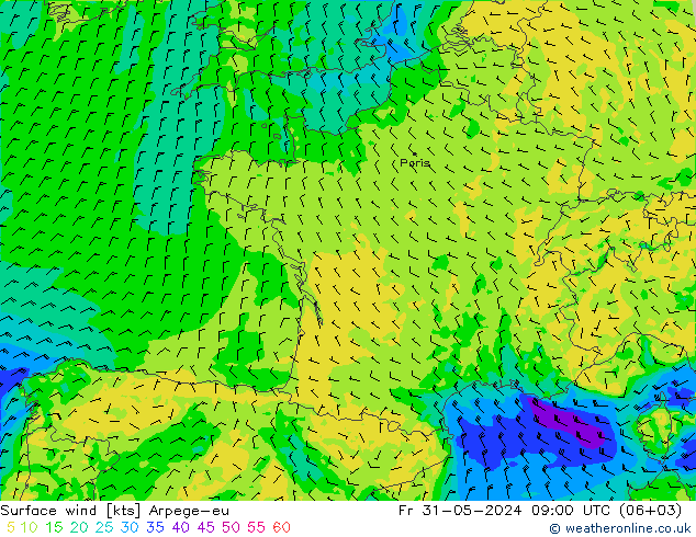 Vento 10 m Arpege-eu Sex 31.05.2024 09 UTC