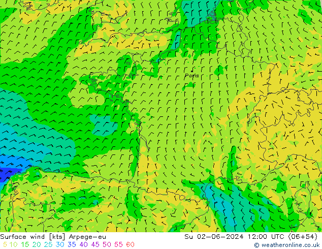 Surface wind Arpege-eu Su 02.06.2024 12 UTC