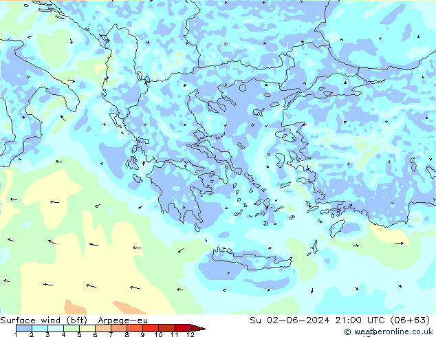 Surface wind (bft) Arpege-eu Su 02.06.2024 21 UTC