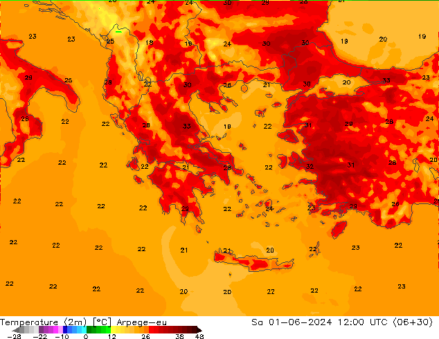 mapa temperatury (2m) Arpege-eu so. 01.06.2024 12 UTC