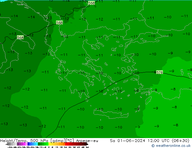 Height/Temp. 500 гПа Arpege-eu сб 01.06.2024 12 UTC