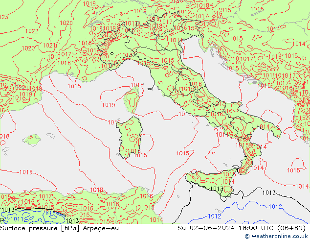 Pressione al suolo Arpege-eu dom 02.06.2024 18 UTC