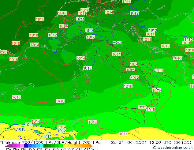 Thck 700-1000 hPa Arpege-eu Sa 01.06.2024 12 UTC