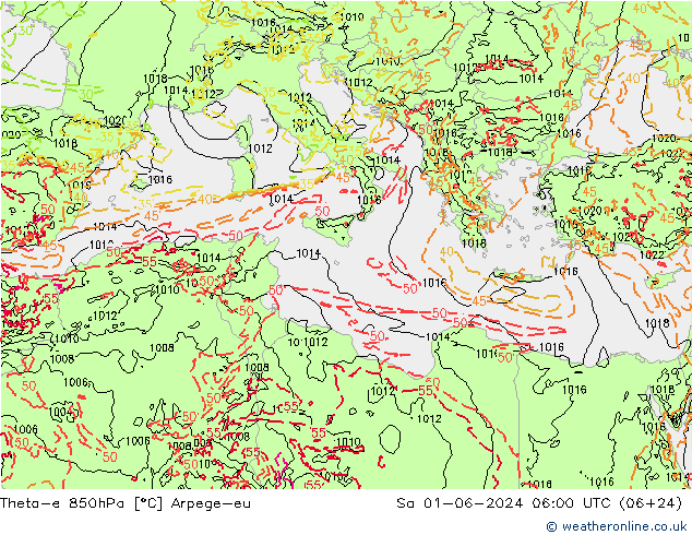 Theta-e 850hPa Arpege-eu za 01.06.2024 06 UTC