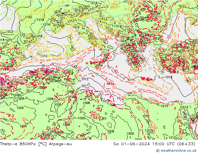 Theta-e 850hPa Arpege-eu so. 01.06.2024 15 UTC