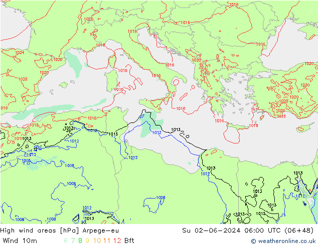 High wind areas Arpege-eu Su 02.06.2024 06 UTC