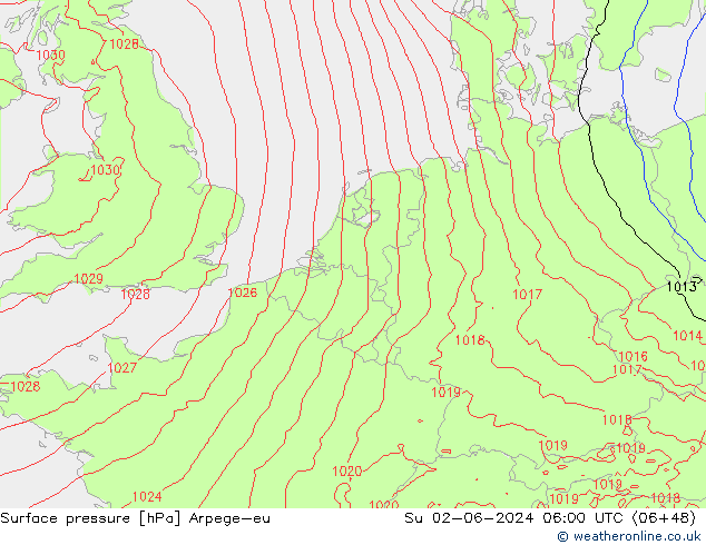 Pressione al suolo Arpege-eu dom 02.06.2024 06 UTC