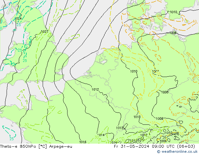 Theta-e 850hPa Arpege-eu Fr 31.05.2024 09 UTC