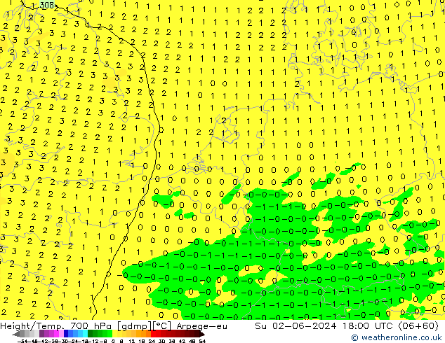 Height/Temp. 700 hPa Arpege-eu Su 02.06.2024 18 UTC