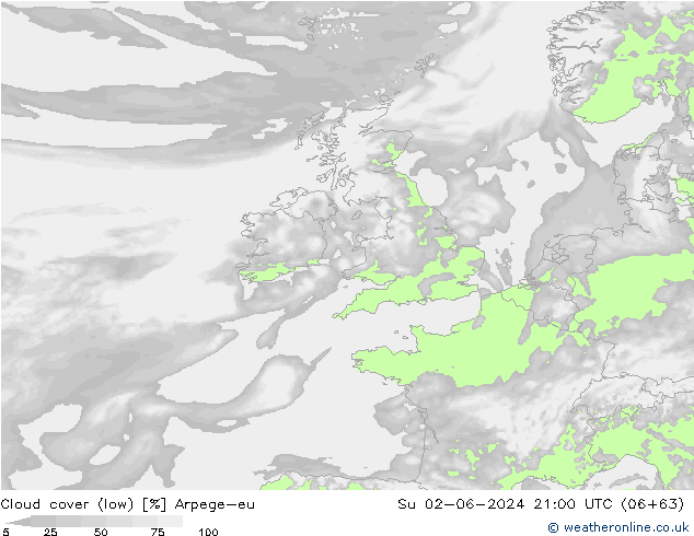 Cloud cover (low) Arpege-eu Su 02.06.2024 21 UTC