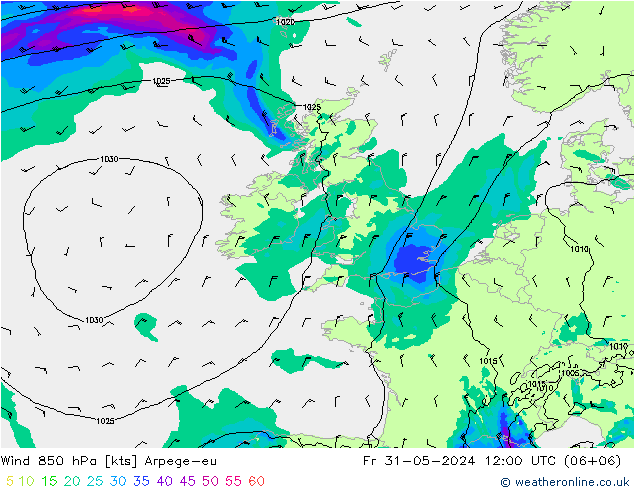 Vento 850 hPa Arpege-eu Sex 31.05.2024 12 UTC