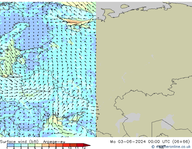 Surface wind (bft) Arpege-eu Mo 03.06.2024 00 UTC