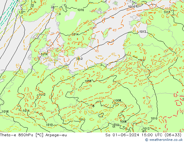 Theta-e 850hPa Arpege-eu So 01.06.2024 15 UTC