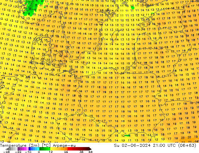 Temperatura (2m) Arpege-eu dom 02.06.2024 21 UTC