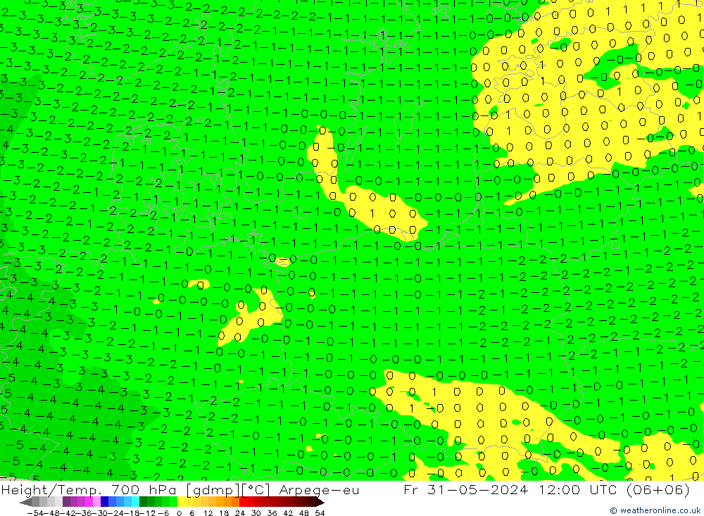 Hoogte/Temp. 700 hPa Arpege-eu vr 31.05.2024 12 UTC