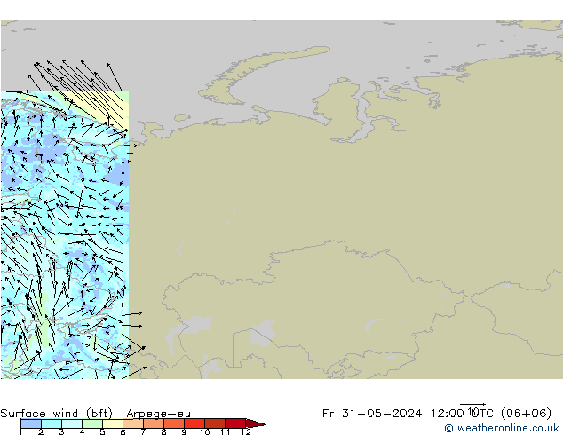 Wind 10 m (bft) Arpege-eu vr 31.05.2024 12 UTC