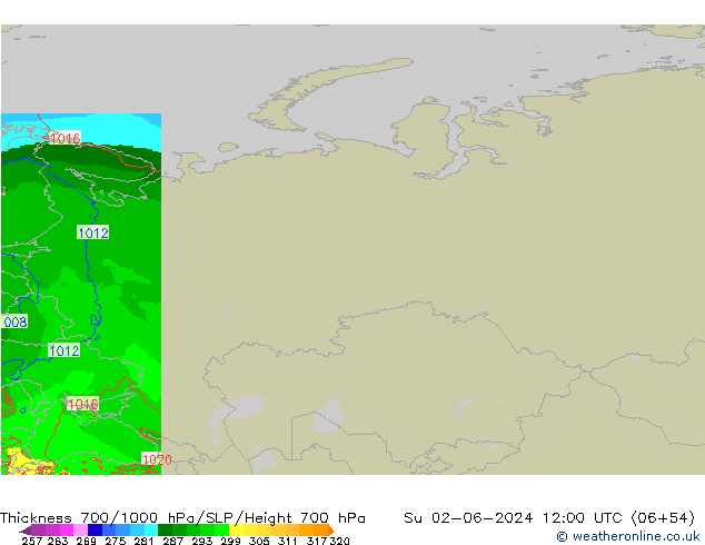 Espesor 700-1000 hPa Arpege-eu dom 02.06.2024 12 UTC