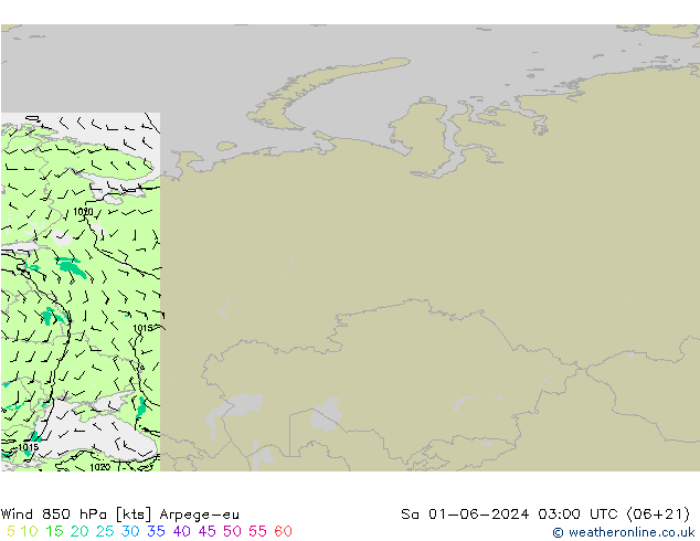 Vento 850 hPa Arpege-eu sab 01.06.2024 03 UTC