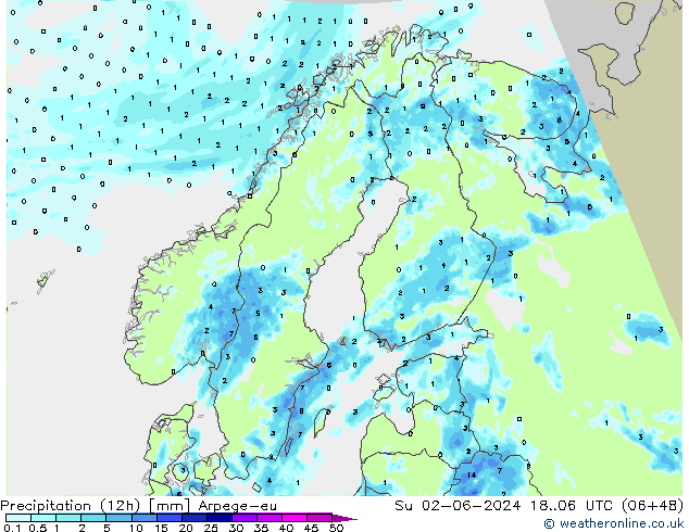 Precipitation (12h) Arpege-eu Su 02.06.2024 06 UTC