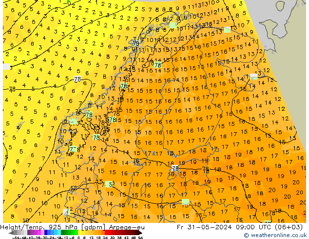 Hoogte/Temp. 925 hPa Arpege-eu vr 31.05.2024 09 UTC