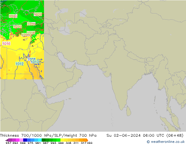 Thck 700-1000 hPa Arpege-eu Su 02.06.2024 06 UTC