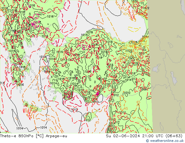 Theta-e 850hPa Arpege-eu Su 02.06.2024 21 UTC